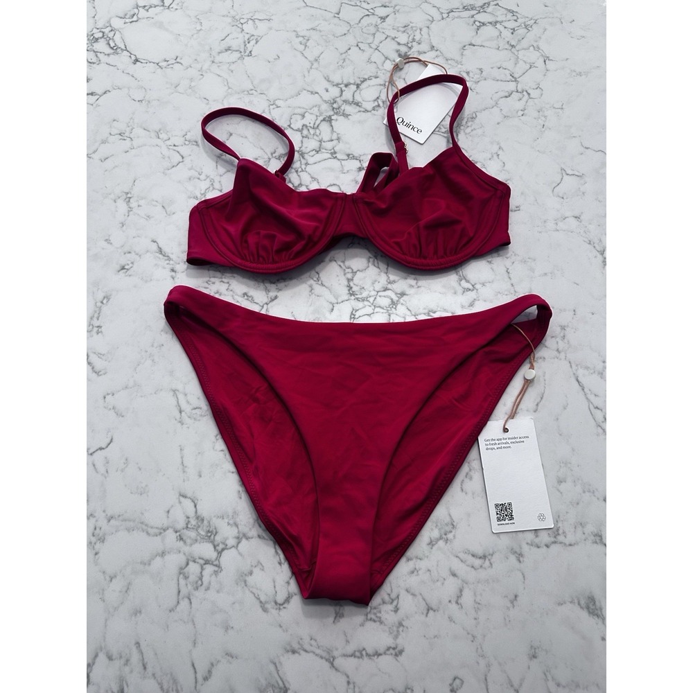 NWT Quince Cherry Red Italian Demi Bikini Top & Low Rise Bottom Set Size Small